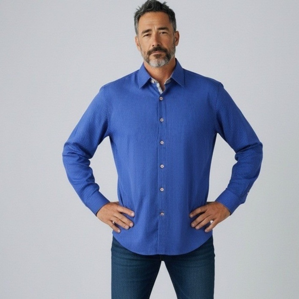 Robert Graham Mens Blue Striped Cotton Long Sleeve Button Down Shirt 2XL